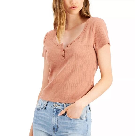 Hippie Rose Juniors Pointelle Henley T-Shirt,Black,X-Large - Picture 2 of 5